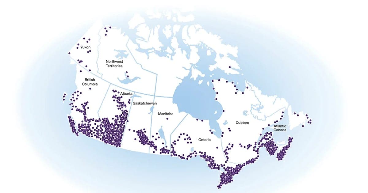 Map of TELUS 5G and LTE network coverage across Canada, checked in store at Bolt Wireless