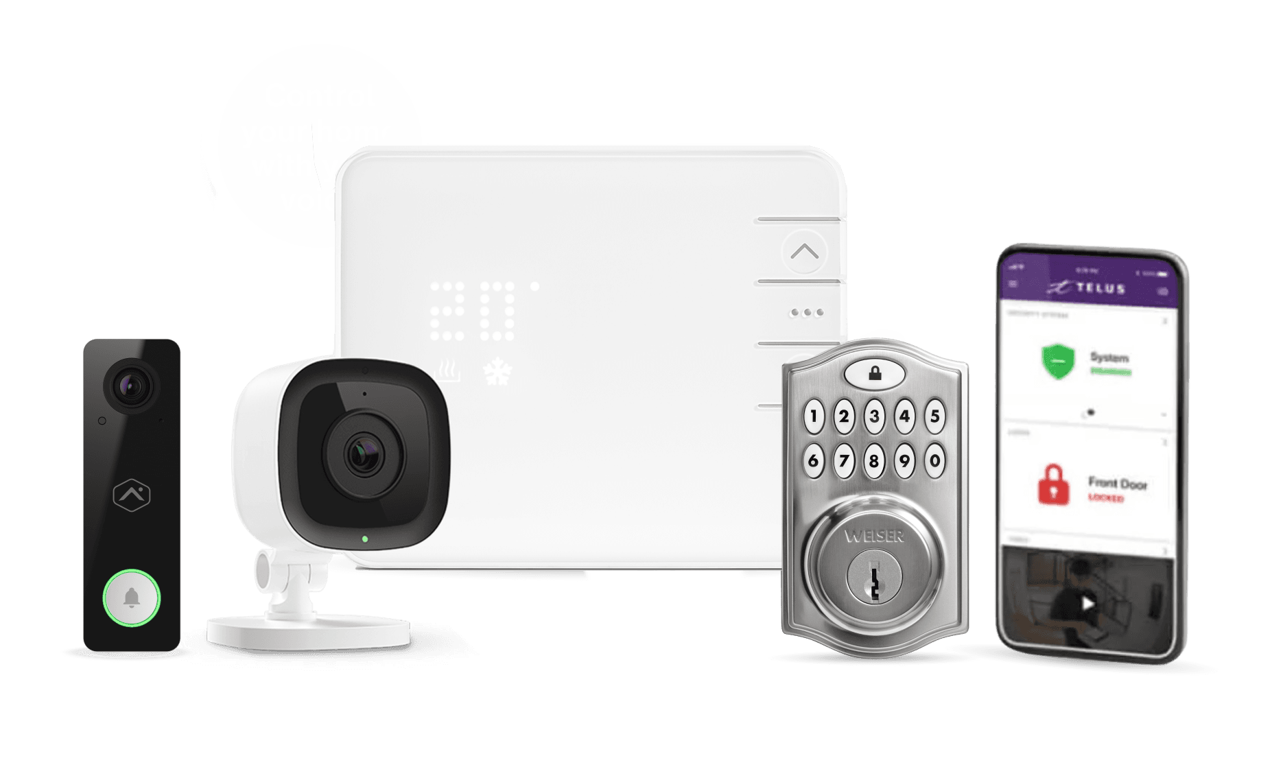 TELUS SmartHome Security video doorbell, indoor camera, control panel, smart lock and mobile app, installed by Bolt Wireless