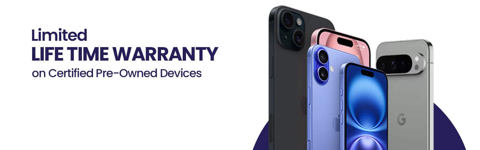 Limited lifetime warranty on TELUS Certified Pre-Owned devices at Bolt Wireless, shown with iPhone and Google Pixel models