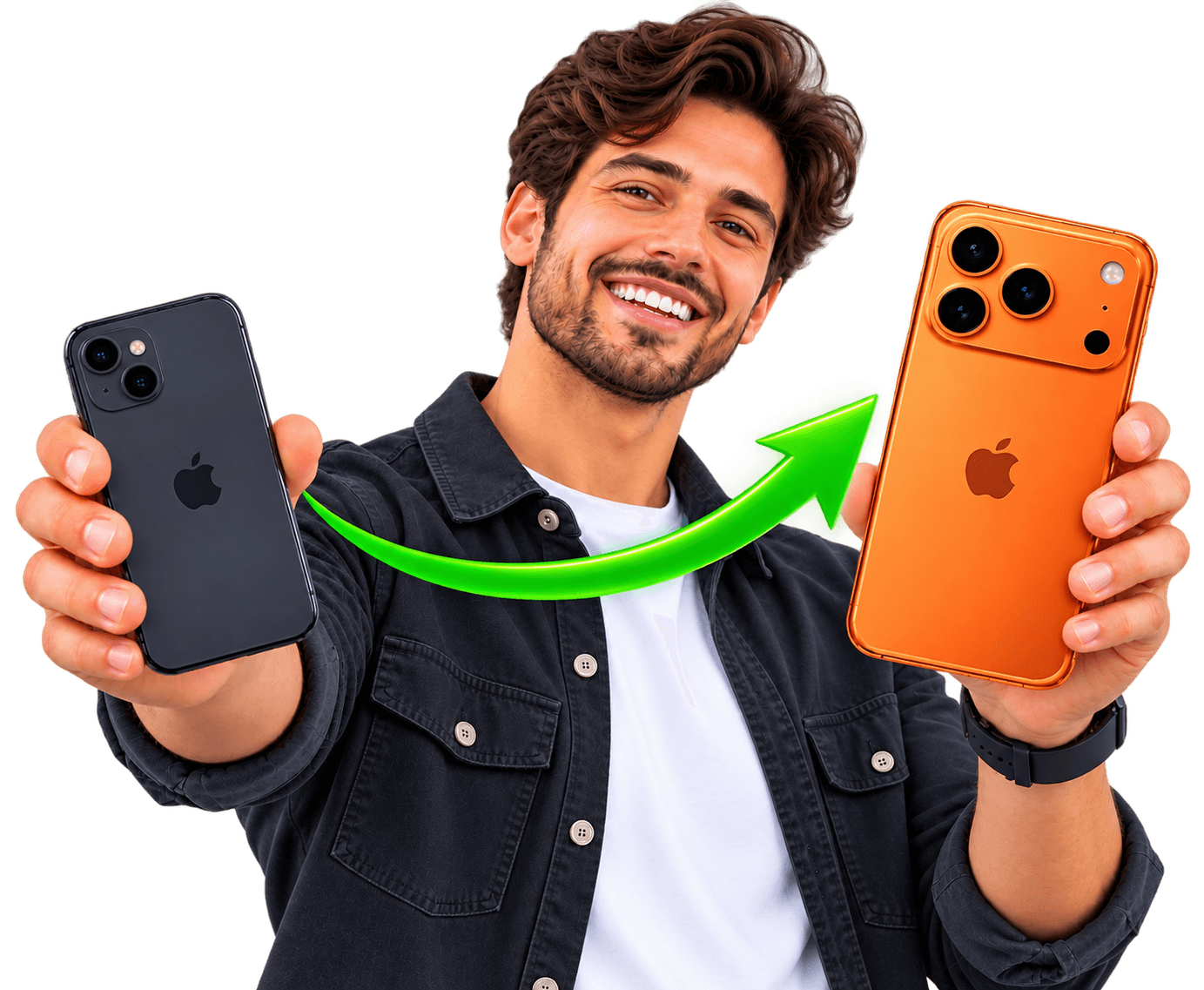 A customer holding their old iPhone beside a new one — trade-in credit applied the same day at Bolt Wireless