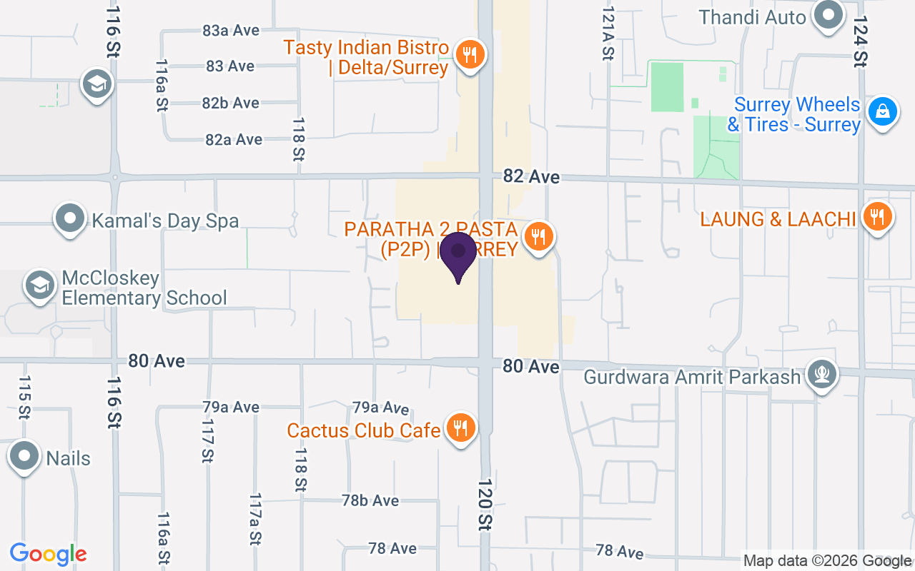Map showing TELUS & Koodo Store Delta at Unit 110-8067 120th Street, Delta, BC V4C 6P7