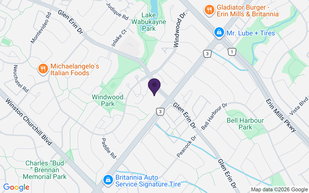 Map showing TELUS & Koodo Store Mississauga (Glen Erin) at Unit 2-6040 Glen Erin Dr, Mississauga, ON L5N 3M4