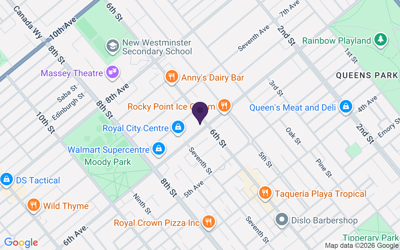 Map showing TELUS & Koodo Store New Westminster at Unit K9-610 6th St, New Westminster, BC V3L 3C2