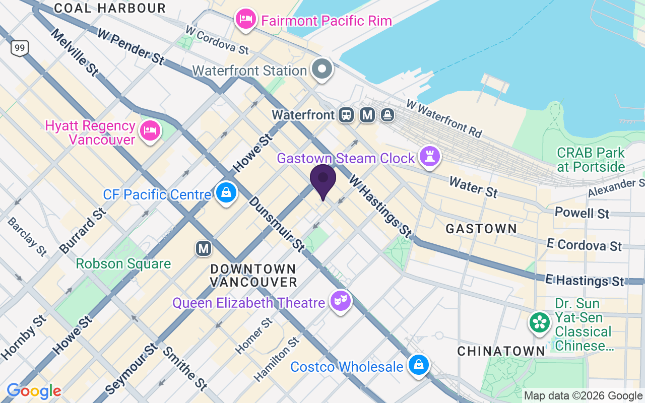 Map showing TELUS & Koodo Store Vancouver at 522 West Pender Street, Vancouver, BC V6B 1V3